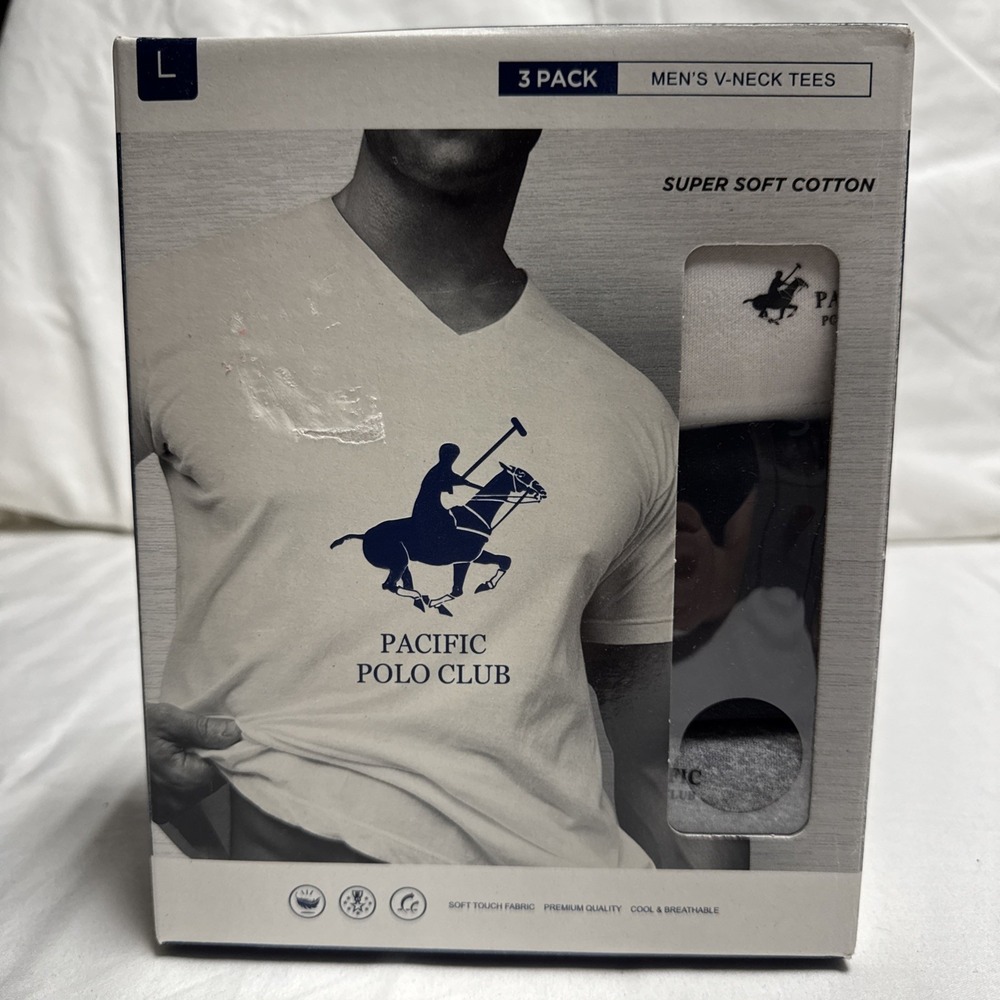 Pacific Polo Club Men's V-Neck Tees Large Assorted Box of 3 Pack Breathable NIB